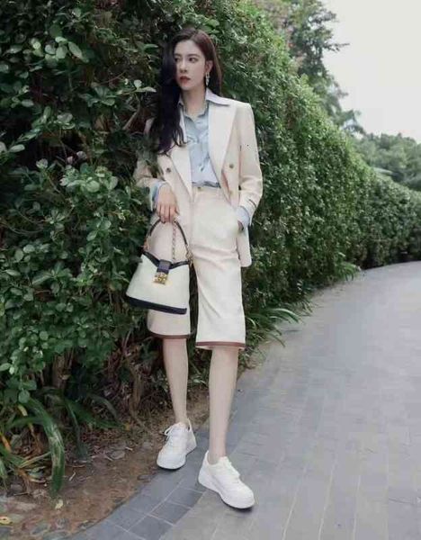 two piece dress gu spring double breasted jacket + equestrian capris, White