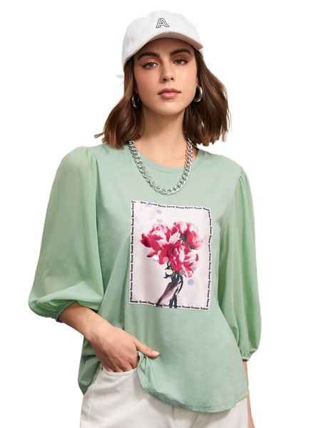 flower & letter graphic blouson sleeve p3sy#, White 
flower & letter graphic blouson sleeve p3sy#, White