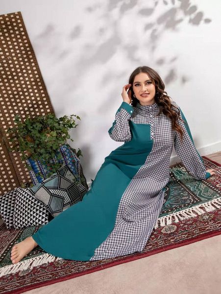 plus plaid quarter button maxi tunic dress h60l#, Black 
plus plaid quarter button maxi tunic dress h60l#, Black