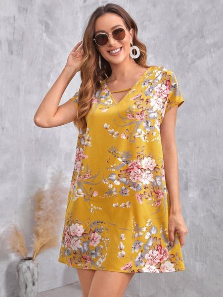 keyhole neck floral dress c8n8#, Black;gray