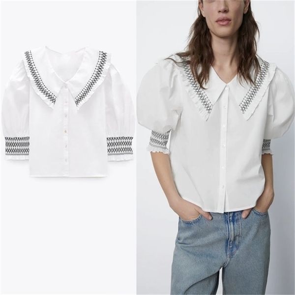 smocked poplin white blouse women short puff sleeve applique ruffled summer shirt woman vintage fitted 210524
smocked poplin white blouse women short puff sleeve applique ruffled summer shirt woman vintage fitted 210524