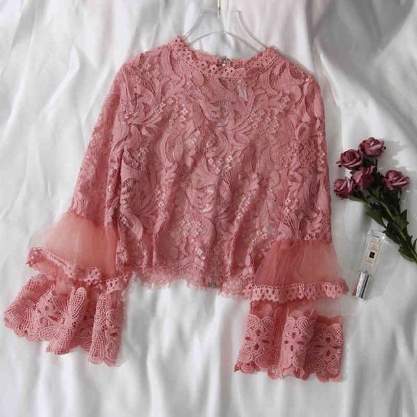 women's knits tees foreign trade original order versatile mesh lace ruffle sleeve solid shirt top, White
women's knits tees foreign trade original order versatile mesh lace ruffle sleeve solid shirt top, White