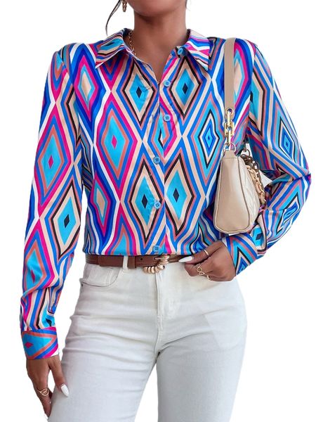 geo print button front shirt 72rj#, White