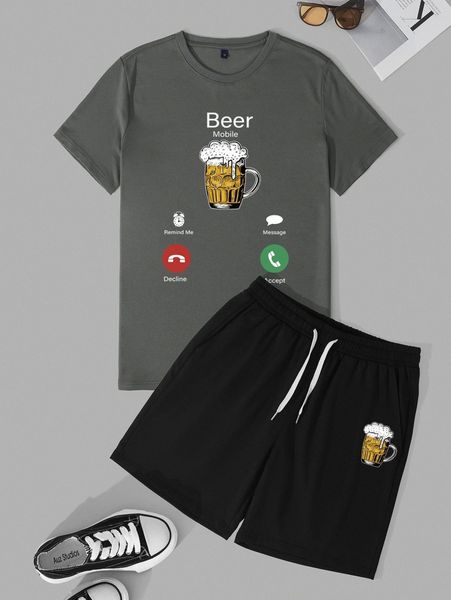 men beer & letter graphic tee & drawstring shorts k0jw#, Gray
men beer & letter graphic tee & drawstring shorts k0jw#, Gray