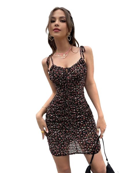 ditsy floral tie shoulder ruched cami dress x2fp#, Black;gray 
ditsy floral tie shoulder ruched cami dress x2fp#, Black;gray