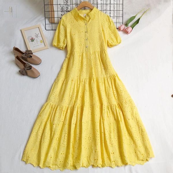 summer women casual high waist single breasted vintage dress sweet turn-down collar hollow out embroidery, White 
summer women casual high waist single breasted vintage dress sweet turn-down collar hollow out embroidery, White