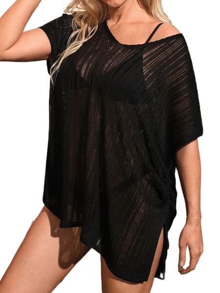 batwing sleeve split hem cover up without bikini d95d#, White;black 
batwing sleeve split hem cover up without bikini d95d#, White;black