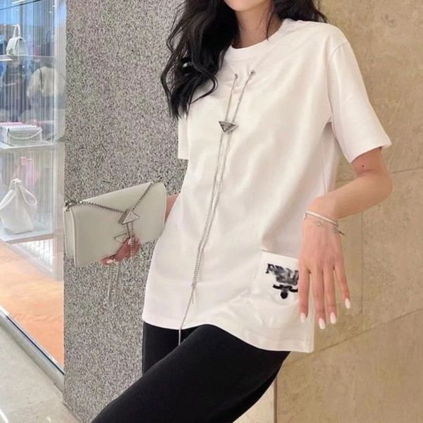 summer spring women t shirts brand triangle metal necklace short sleeve loose pocket embroidery t-shirt fashion round neck pure cotton tees, White
summer spring women t shirts brand triangle metal necklace short sleeve loose pocket embroidery t-shirt fashion round neck pure cotton tees, White
