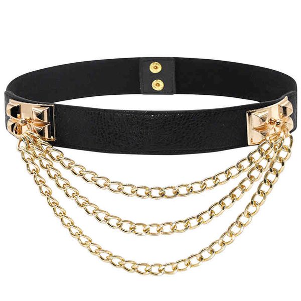 

women gift dress belt lazy punk gold chain daily wide metal rivet elastic dating waistband luxury pu leather y220419, Black;brown