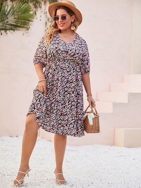 plus allover floral a-line dress y6mw#, Black