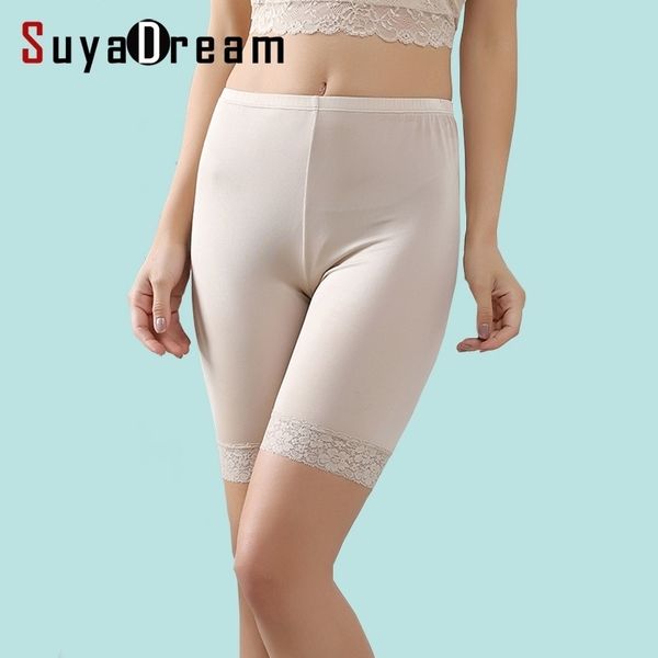silk women safety short pants natural silk seamless healthy half length shorts femme dentelle white black nude underwear y200425, Black;pink