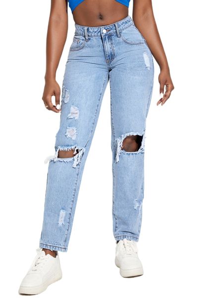 sxy ripped washed mom fit jeans a67g#, Blue