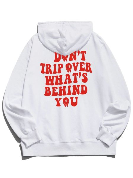 men slogan graphic drawstring kangaroo pocket hoodie n6yu#, Black