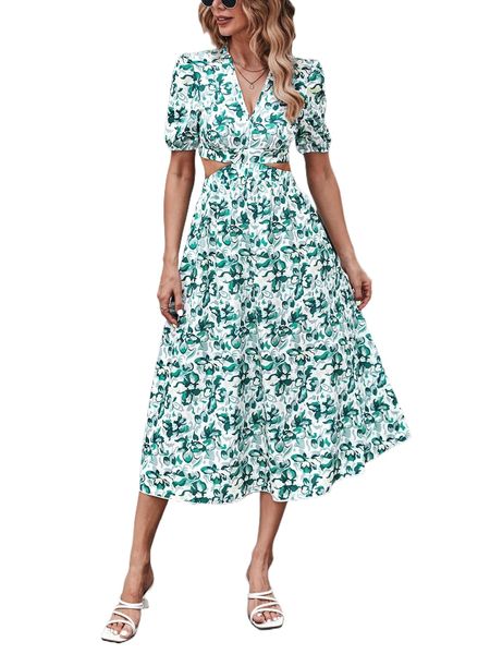 allover plant print cut out tie back puff sleeve dress c2c8#, Black;gray
allover plant print cut out tie back puff sleeve dress c2c8#, Black;gray