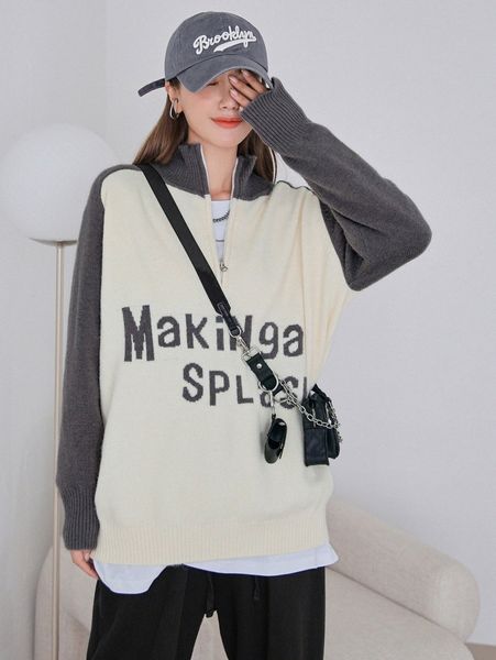 dazy letter pattern color block raglan sleeve half zipper sweater i2er#, White;black
dazy letter pattern color block raglan sleeve half zipper sweater i2er#, White;black