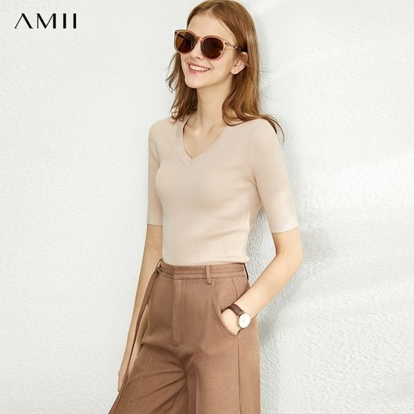 amii minimalism spring summer solid knit shirt women causal slim vneck basic pullover 1013 y200910, White;black
amii minimalism spring summer solid knit shirt women causal slim vneck basic pullover 1013 y200910, White;black