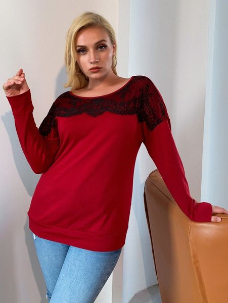 aamilife plus eyelash lace panel drop shoulder tee 96sj#, Black
aamilife plus eyelash lace panel drop shoulder tee 96sj#, Black