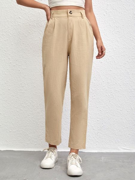 high waist solid plicated detail pants 53bq#, Black;white