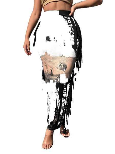 sxy dollar print fringe trim pencil skirt g3qb#, Black