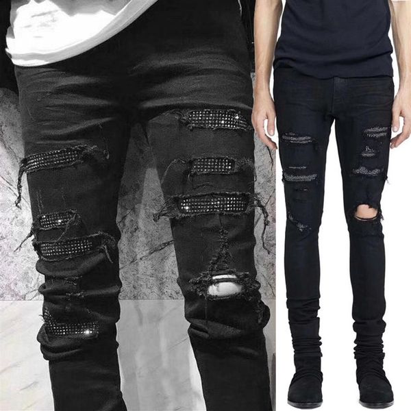 men black jeans with diamond stud patch damage hole slim fit denim trousers high street191h, Blue
men black jeans with diamond stud patch damage hole slim fit denim trousers high street191h, Blue