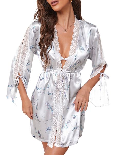 bird print contrast lace drawstring waist satin robe 16ls#, Black;red