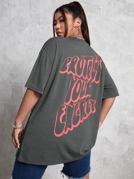 plus slogan graphic drop shoulder tee s0da#, Black
