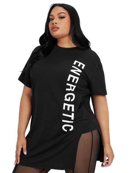 sxy plus letter graphic split hem tee z71u#, Black