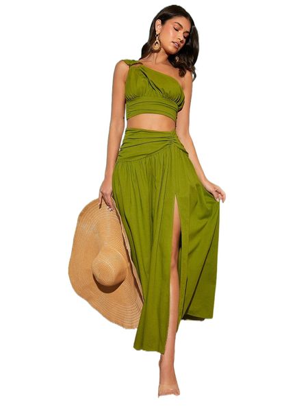 ring front one shoulder shirred & ruched split thigh skirt o7dr#, White
ring front one shoulder shirred & ruched split thigh skirt o7dr#, White