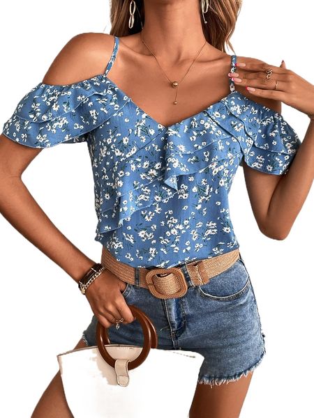 ditsy floral layered ruffle trim cold shoulder blouse q6eb#, White
ditsy floral layered ruffle trim cold shoulder blouse q6eb#, White