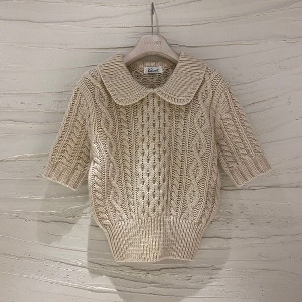 ladies short sleeve twisted knitwear 2022 spring turn-down collar pullover knitted causal women elegant sweaters, White;black
ladies short sleeve twisted knitwear 2022 spring turn-down collar pullover knitted causal women elegant sweaters, White;black