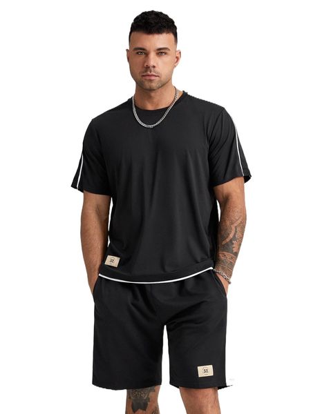extended sizes men letter patch detail tee & drawstring waist shorts p0yl#, Gray 
extended sizes men letter patch detail tee & drawstring waist shorts p0yl#, Gray