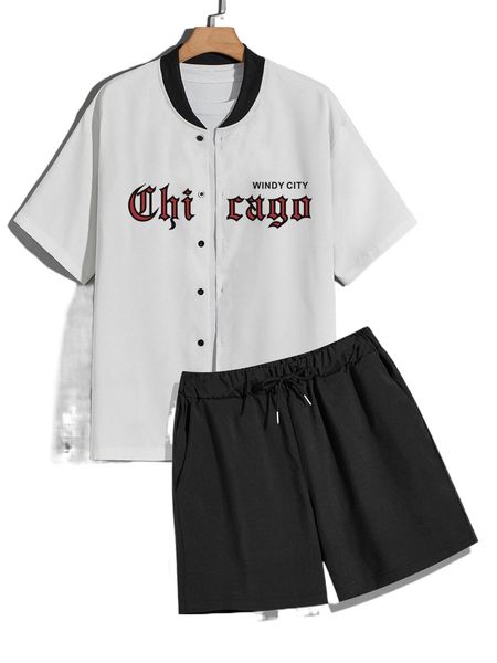 men letter graphic baseball collar shirt & drawstring waist shorts without tee c1vi#, Gray
men letter graphic baseball collar shirt & drawstring waist shorts without tee c1vi#, Gray