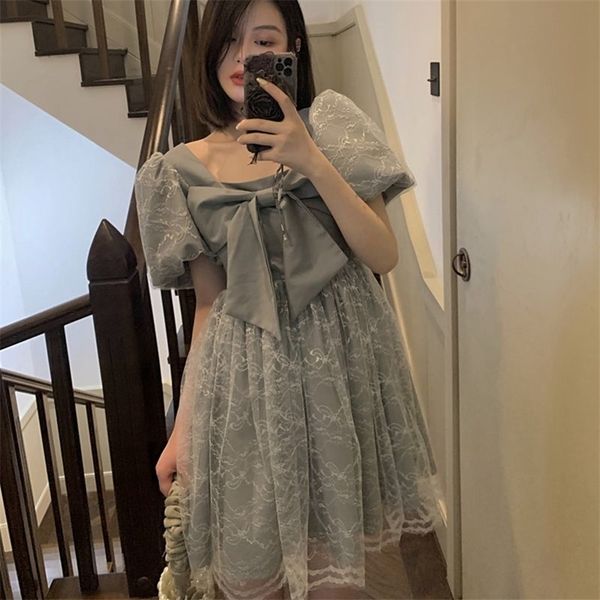 summer french style gauze fluffy high-grade bow bubble sleeve women's dress 220504, Black;gray
summer french style gauze fluffy high-grade bow bubble sleeve women's dress 220504, Black;gray