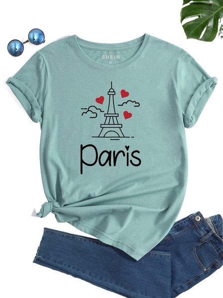 eiffel tower and letter graphic tee y7pz#, White 
eiffel tower and letter graphic tee y7pz#, White