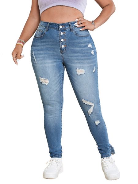 plus button fly ripped skinny jeans x809#, Blue
plus button fly ripped skinny jeans x809#, Blue