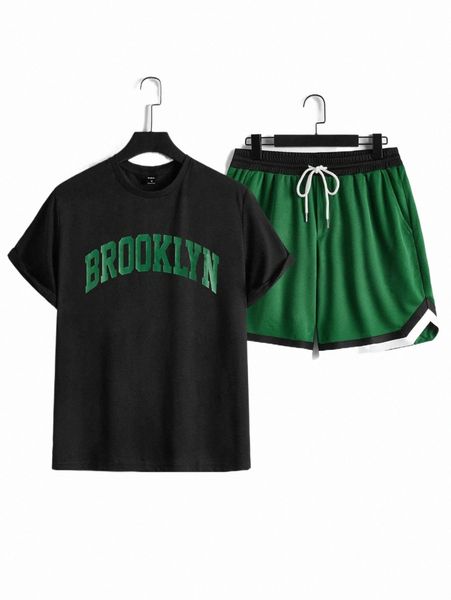 men letter graphic tee & shorts 34lb#, Gray