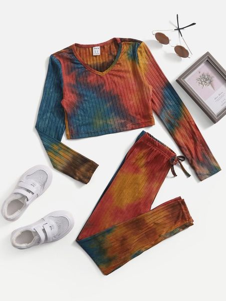 girls tie dye ribbed knit & knot front leggings she, White