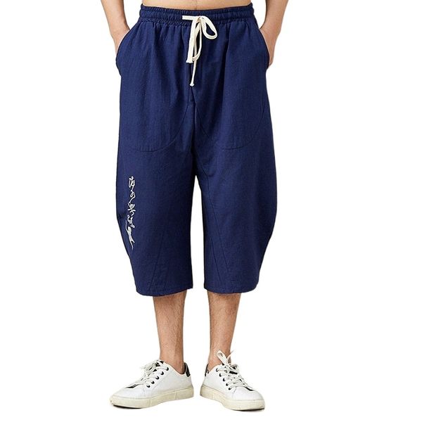 large size linen 7-point pants men's summer casual sports cropped pants loose lantern trend chinese style cotton and linen pants men v8, White;black