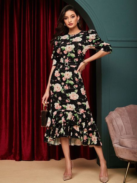 allover floral print puff sleeve ruffle hem dress without belt y3ci#, Black;gray
allover floral print puff sleeve ruffle hem dress without belt y3ci#, Black;gray