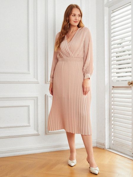 motf premium plus pleated shirred dress 92tc#, Black