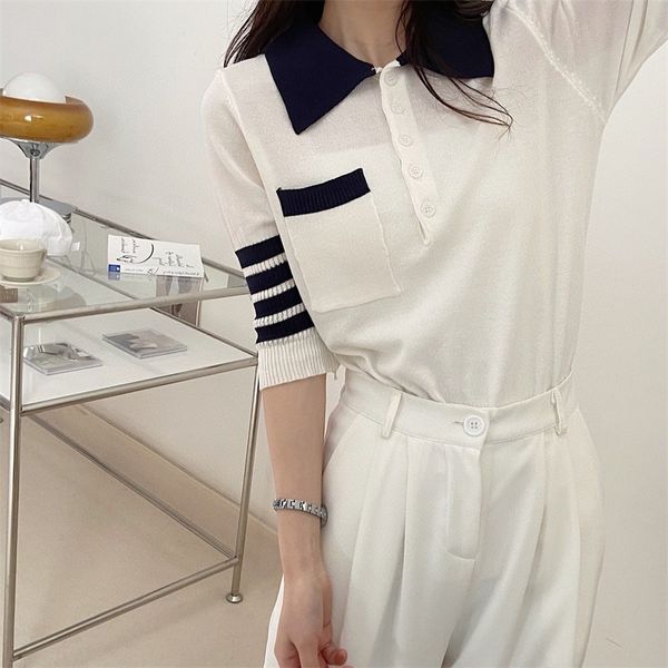 spring and summer four bar ice silk back knitted polo shirt college style close waist thin short sleeve t-shirt women's fashion, White
spring and summer four bar ice silk back knitted polo shirt college style close waist thin short sleeve t-shirt women's fashion, White