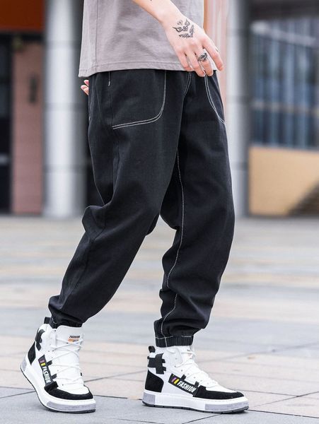 men titching detail carrot jeans f6w4#, Blue 
men titching detail carrot jeans f6w4#, Blue