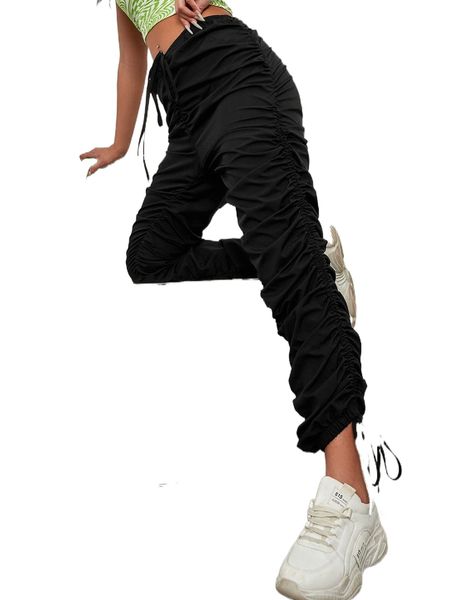 drawstring hem stacked pants v1ik#, Black;white 
drawstring hem stacked pants v1ik#, Black;white