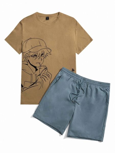 men figure graphic & shorts set 50sj#, Gray
