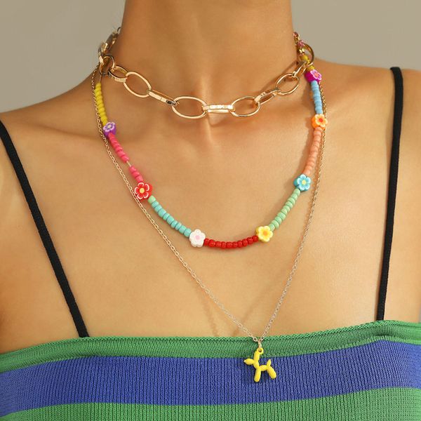 multilayered yellow balloon dog pendant necklaces for women candy letter seed bead chain necklace set y2k boho jewelry, Silver 
multilayered yellow balloon dog pendant necklaces for women candy letter seed bead chain necklace set y2k boho jewelry, Silver