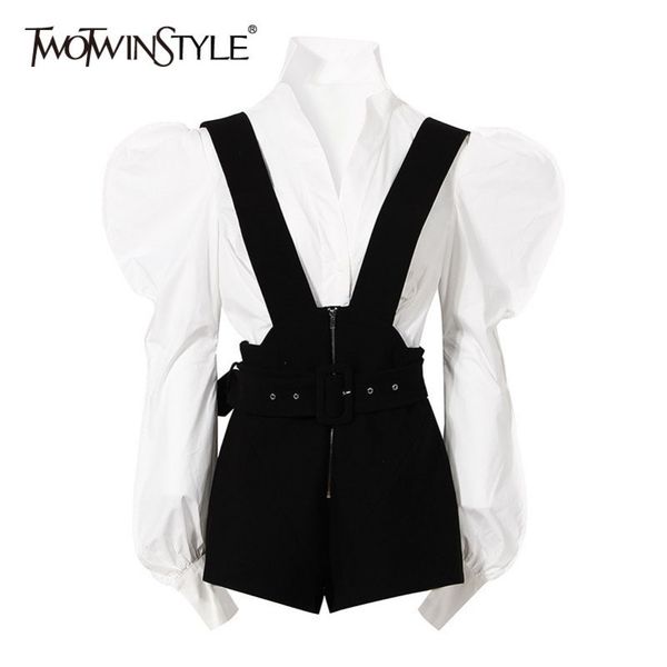 casual two piece set for women v neck long sleeve shirt high waist sashes short overalls female sets fashion 210423, White
casual two piece set for women v neck long sleeve shirt high waist sashes short overalls female sets fashion 210423, White