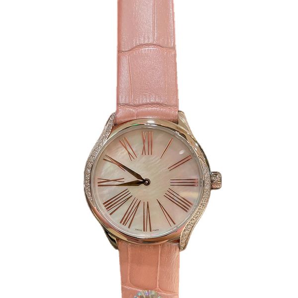 classic fashion women's watch 36mm quartz movement leather strap 316 stainless steel case red lacquer dial 38 full cut diamonds waterpr, Slivery;golden