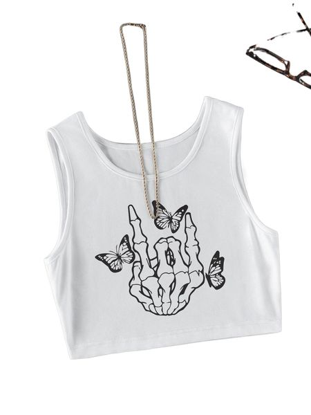 skeleton & butterfly print tank c0l9#, White