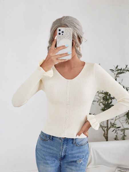 flounce sleeve pearls ribbed knit sweater 82za#, White;black 
flounce sleeve pearls ribbed knit sweater 82za#, White;black