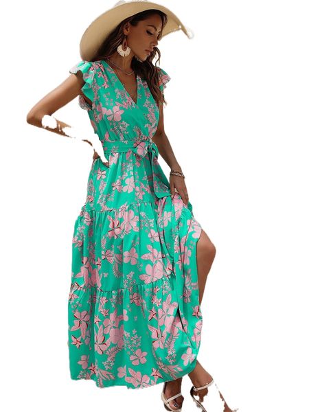 floral print butterfly sleeve ruffle hem belted dress b44v#, Black;gray